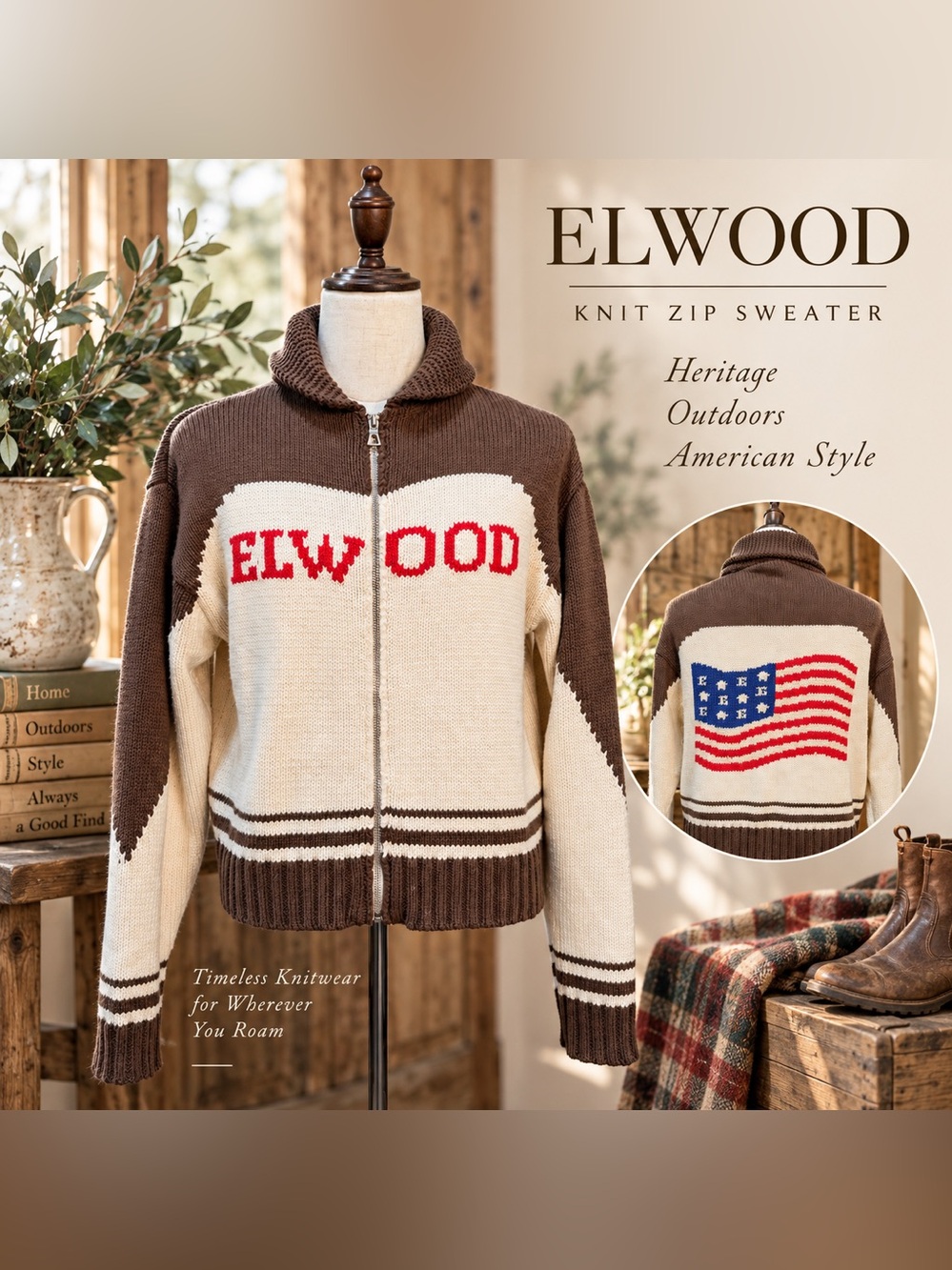 Elwood Camp Cardigan XS Americana American Flag Oversized Zip Sweater